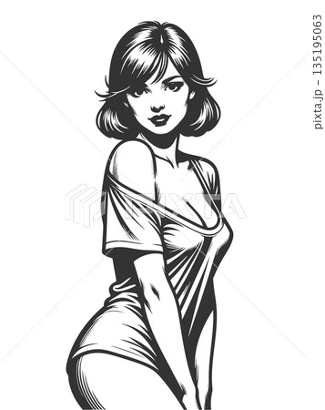 woman in suggestive pose engraving sketch vector woman in suggestive pose engraving sketch vector 135195063