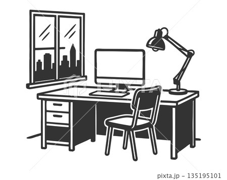 Modern office desk with city view engraving vector 135195101