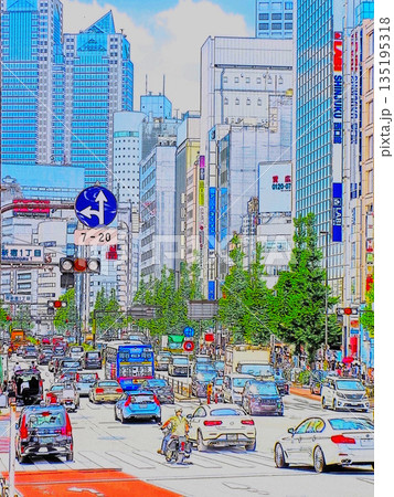 東京都新宿区の西新宿一丁目交差点付近の甲州街道の写真をイラスト加工した風景 135195318