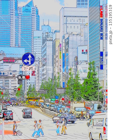 東京都新宿区の西新宿一丁目交差点付近の甲州街道の写真をイラスト加工した風景 東京都新宿区の西新宿一丁目交差点付近の甲州街道の写真をイラスト加工した風景 135195319