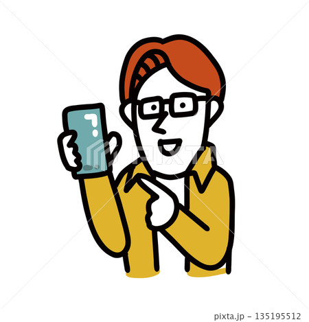 スマートフォンの画面を見せる男性エンジニアのイラストアバター 135195512
