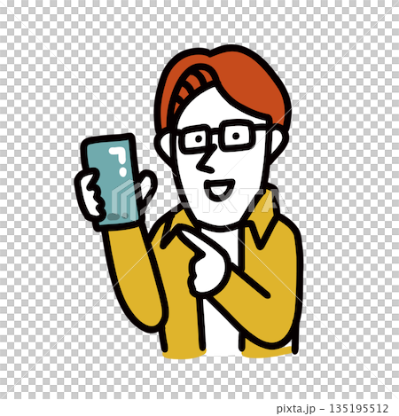 スマートフォンの画面を見せる男性エンジニアのイラストアバター 135195512
