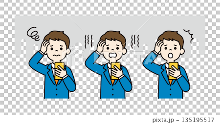 Vector illustration material set of a young businessman who looks troubled while looking at his smartphone_Color Vector illustration material set of a young businessman who looks troubled while looking at his smartphone_Color 135195517