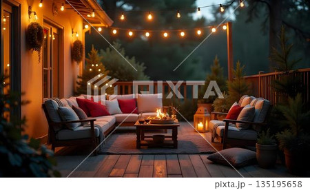 Inviting patio with seating and a fire pit, ideal for a cozy New Year's celebration among family and friends 135195658