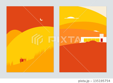 Minimalist landscape poster design, modern house on the mountain in warm tone 135195754