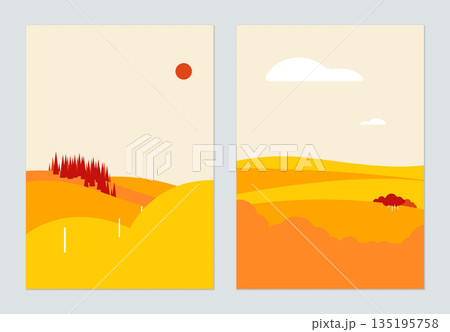 Minimalist landscape poster design, small forest on small hills in warm tone Minimalist landscape poster design, small forest on small hills in warm tone 135195758