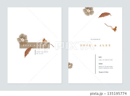 Minimalist floral wedding invitation card template design, brown and flowers and leaves on white Minimalist floral wedding invitation card template design, brown and flowers and leaves on white 135195774