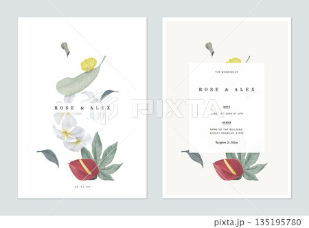 Floral wedding invitation card template design, various flowers and leaves Floral wedding invitation card template design, various flowers and leaves 135195780