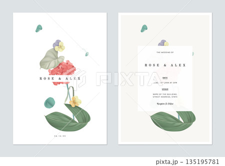 Floral wedding invitation card template design, various flowers and leaves 135195781