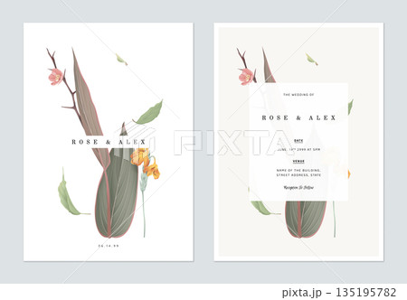 Floral wedding invitation card template design, various flowers and leaves 135195782