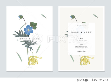 Floral wedding invitation card template design, various flowers and leaves Floral wedding invitation card template design, various flowers and leaves 135195783