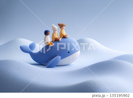 子供たちと空を泳ぐクジラのファンタジー（3D） 135195902