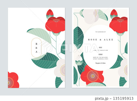 Floral wedding invitation card template design, red and white camellia flower and leaves 135195913