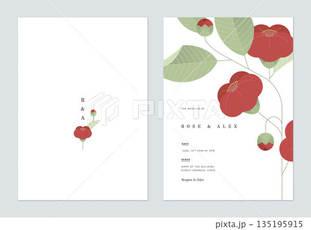Floral wedding invitation card template design, red camellia flower and leaves Floral wedding invitation card template design, red camellia flower and leaves 135195915