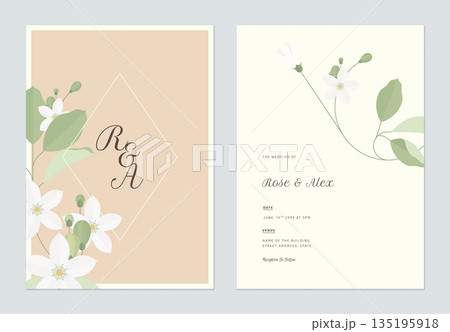 Floral wedding invitation card template design, orange jasmine flowers with leaves Floral wedding invitation card template design, orange jasmine flowers with leaves 135195918