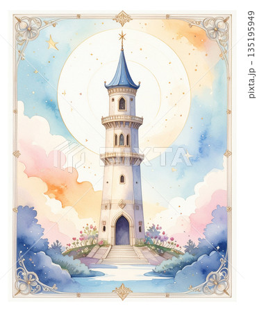 ルノルマンカード「塔」孤立と展望を象徴するキュートな水彩画カードイラスト2／チラシやポスター用素材 135195949