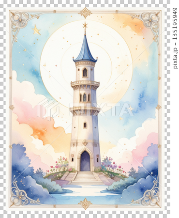 ルノルマンカード「塔」孤立と展望を象徴するキュートな水彩画カードイラスト2／チラシやポスター用素材 135195949