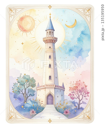 ルノルマンカード「塔」孤立と展望を象徴するキュートな水彩画カードイラスト1／チラシやポスター用素材 135195950