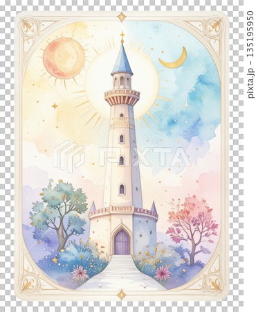 ルノルマンカード「塔」孤立と展望を象徴するキュートな水彩画カードイラスト1／チラシやポスター用素材 135195950