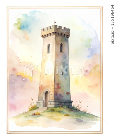 ルノルマンカード「塔」孤立と俯瞰を象徴するシンプルな塔の水彩画イラスト3／チラシやポスター用素材 135196464