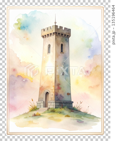 ルノルマンカード「塔」孤立と俯瞰を象徴するシンプルな塔の水彩画イラスト3／チラシやポスター用素材 135196464
