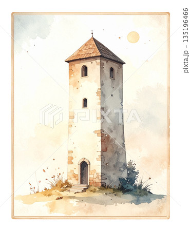ルノルマンカード「塔」孤立と俯瞰を象徴するシンプルな塔の水彩画イラスト1／チラシやポスター用素材 135196466