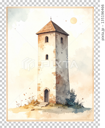 ルノルマンカード「塔」孤立と俯瞰を象徴するシンプルな塔の水彩画イラスト1／チラシやポスター用素材 135196466