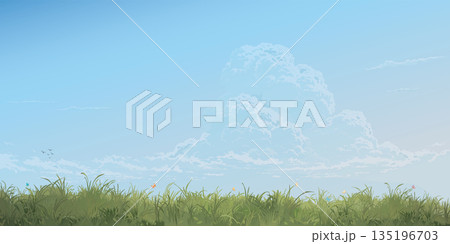 Grass field landscape with colorful butterflies graphic illustration have blank space at blue sky background. 135196703