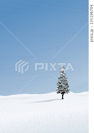 Minimalist snowscape with lonely pine tree have blue sky vertical background graphic illustration. Merry Christmas and Happy New Year greeting card template have blank space. 135196704