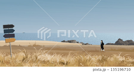 Seashore landscape with a woman walking on grass field in autumn season have direction sign pole at foreground graphic illustration. Coastline have blue sky background. 135196710