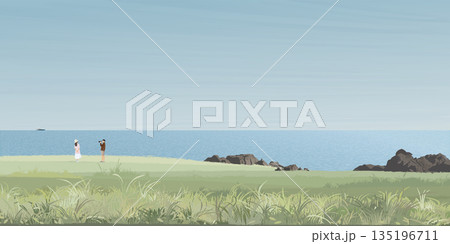 Seashore landscape with tourist in grass field graphic illustration. Coastline have blue sky background. 135196711