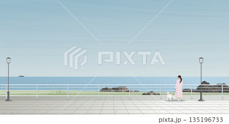 Seascape viewpoint at the cliff in winter has a woman and a dog standing graphic illustration. Travel with pet concept have blank space. 135196733