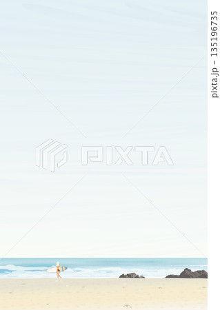 Minimalist seascape with light blue sky vertical background have a surfer girl with surfboard standing on the sandy beach graphic illustration. Minimalist seascape with light blue sky vertical background have a surfer girl with surfboard standing on the sandy beach graphic illustration. 135196735