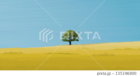 Minimalist grass field landscape and big tree with blue sky background graphic illustrated have blank space. Minimalist grass field landscape and big tree with blue sky background graphic illustrated have blank space. 135196800