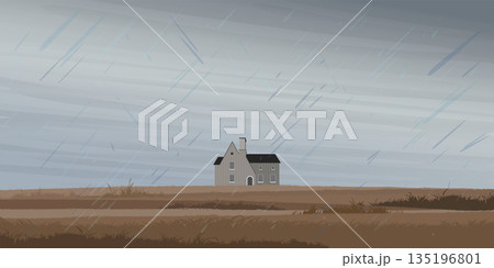 Minimalist grass field landscape with country house in rainy season graphic illustrated have blank space. 135196801