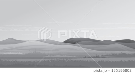 Minimalist grass field landscape with mountain ranges grayscale graphic illustrated have blank space. Minimalist grass field landscape with mountain ranges grayscale graphic illustrated have blank space. 135196802