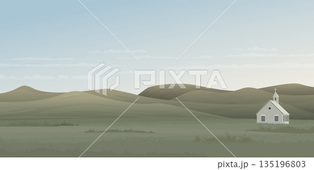 Minimalist landscape grass field and mountain ranges with old church graphic illustration have blank space. Minimalist landscape grass field and mountain ranges with old church graphic illustration have blank space. 135196803