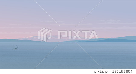 Minimalist seascape with fishing boat followed by seagulls have mountain and twilight sky background graphic illustration have blank space. Minimalist seascape with fishing boat followed by seagulls have mountain and twilight sky background graphic illustration have blank space. 135196804