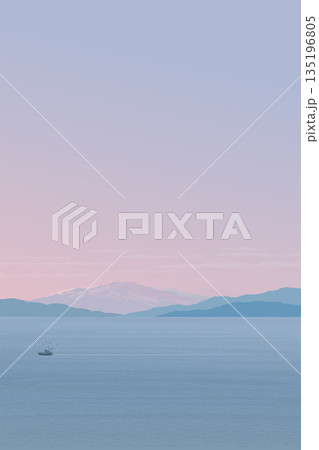 Minimalist seascape with fishing boat followed by seagulls have mountain and twilight sky vertical background graphic illustration have blank space. 135196805