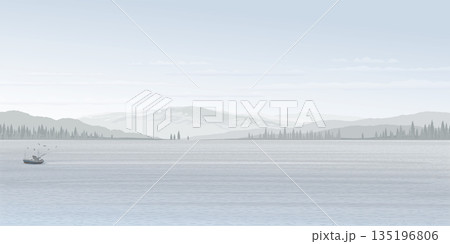 Minimalist seascape in winter season with fishing boat followed by seagulls have mountain ranges, silhouetted pine forest and dusk sky background graphic illustration have blank space. Minimalist seascape in winter season with fishing boat followed by seagulls have mountain ranges, silhouetted pine forest and dusk sky background graphic illustration have blank space. 135196806