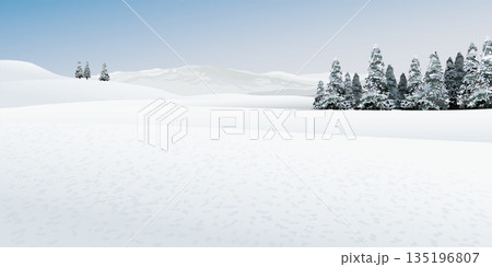 Winter mountains minimalist landscape with pine forest graphic illustration. Merry Christmas and Happy New Year greeting card template have blank space. 135196807