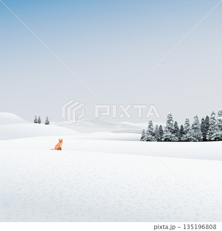 Minimalist snow landscape with lonely fox and pine forest graphic illustration. Merry Christmas and Happy New Year greeting card square template have blank space. Minimalist snow landscape with lonely fox and pine forest graphic illustration. Merry Christmas and Happy New Year greeting card square template have blank space. 135196808