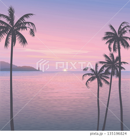Minimalist seascape with silhouetted palm trees, mountain ranges, sunset and twilight sky square background graphic illustration have blank space. 135196824