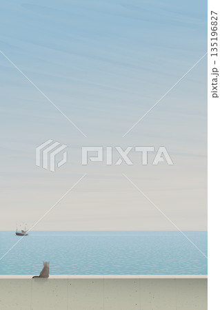 Minimalist seascape in the morning have a cat sitting on cement barrier looking to fishing boat followed by seagulls have blue sky vertical background graphic illustration. 135196827