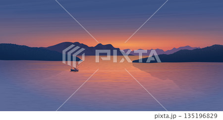 Minimalist seascape with silhouette mountains, island and fishing boat followed by seagulls have twilight sky background graphic illustration have blank space. Minimalist seascape with silhouette mountains, island and fishing boat followed by seagulls have twilight sky background graphic illustration have blank space. 135196829