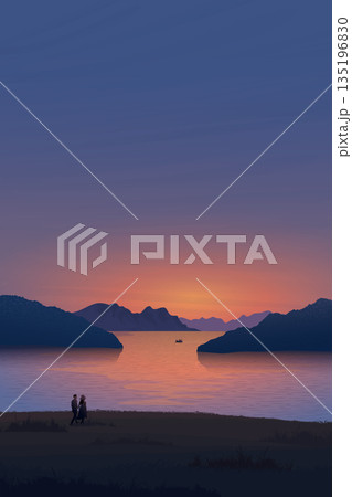 Seascape with silhouetted of lover at cliff, mountains, island and fishing boat have twilight sky vertical background graphic illustration have blank space. Seascape with silhouetted of lover at cliff, mountains, island and fishing boat have twilight sky vertical background graphic illustration have blank space. 135196830
