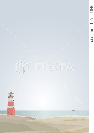 Minimalist seashore landscape with lighthouse have yacht at skyline flat design graphic illustration. Coastline with beacon have blue sky vertical background. 135196846