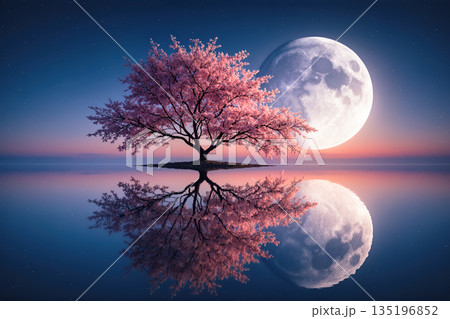 桜と満月の風景 AI生成画像 桜と満月の風景 AI生成画像 135196852