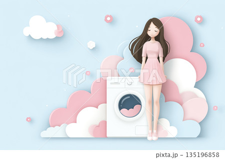 ドラム式洗濯機で洗濯をする女性の生活シーン イラスト 135196858