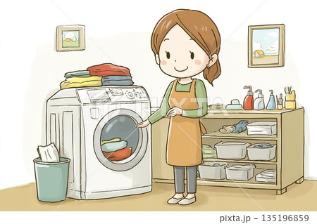 ドラム式洗濯機で洗濯をする主婦の暮らしのイラスト 135196859